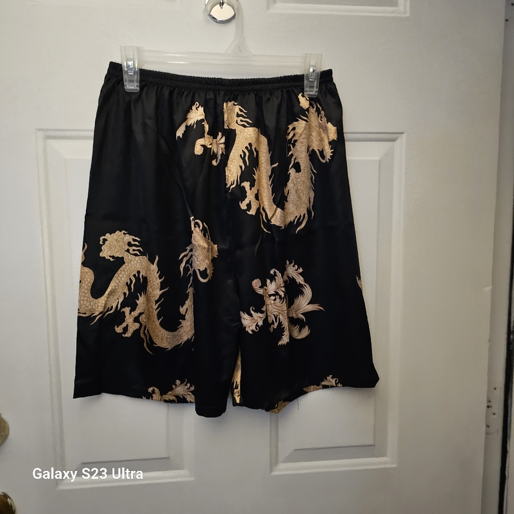 Black and gold silky dragon shorts